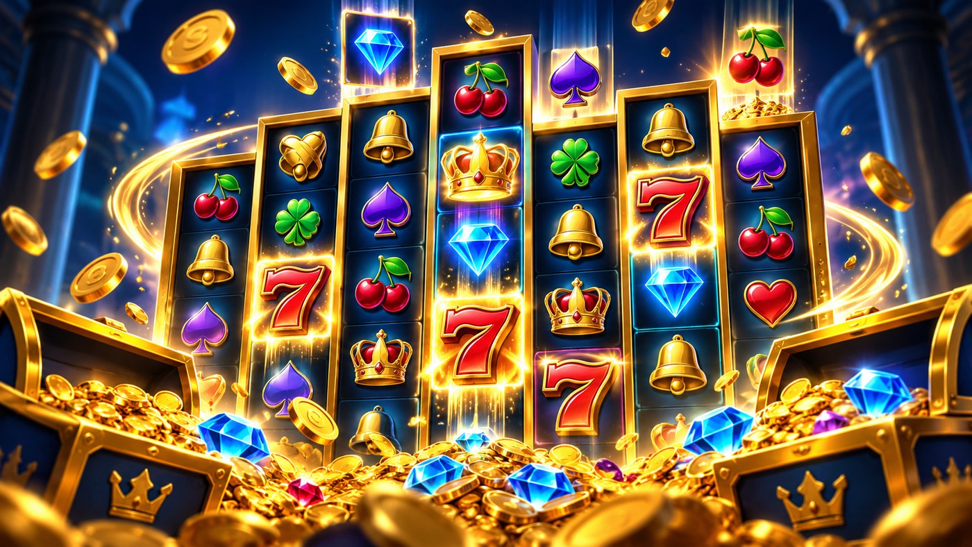Stylised Megaways slot reels with cascading symbols, coins and gems